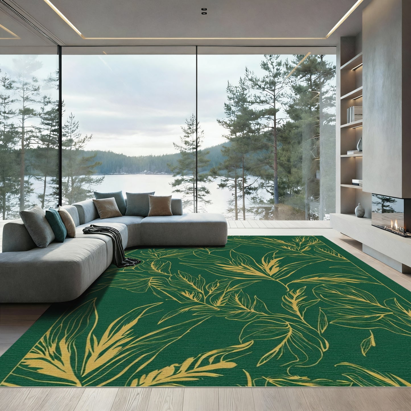 Emerald Green Gold Foliage Outline Rug