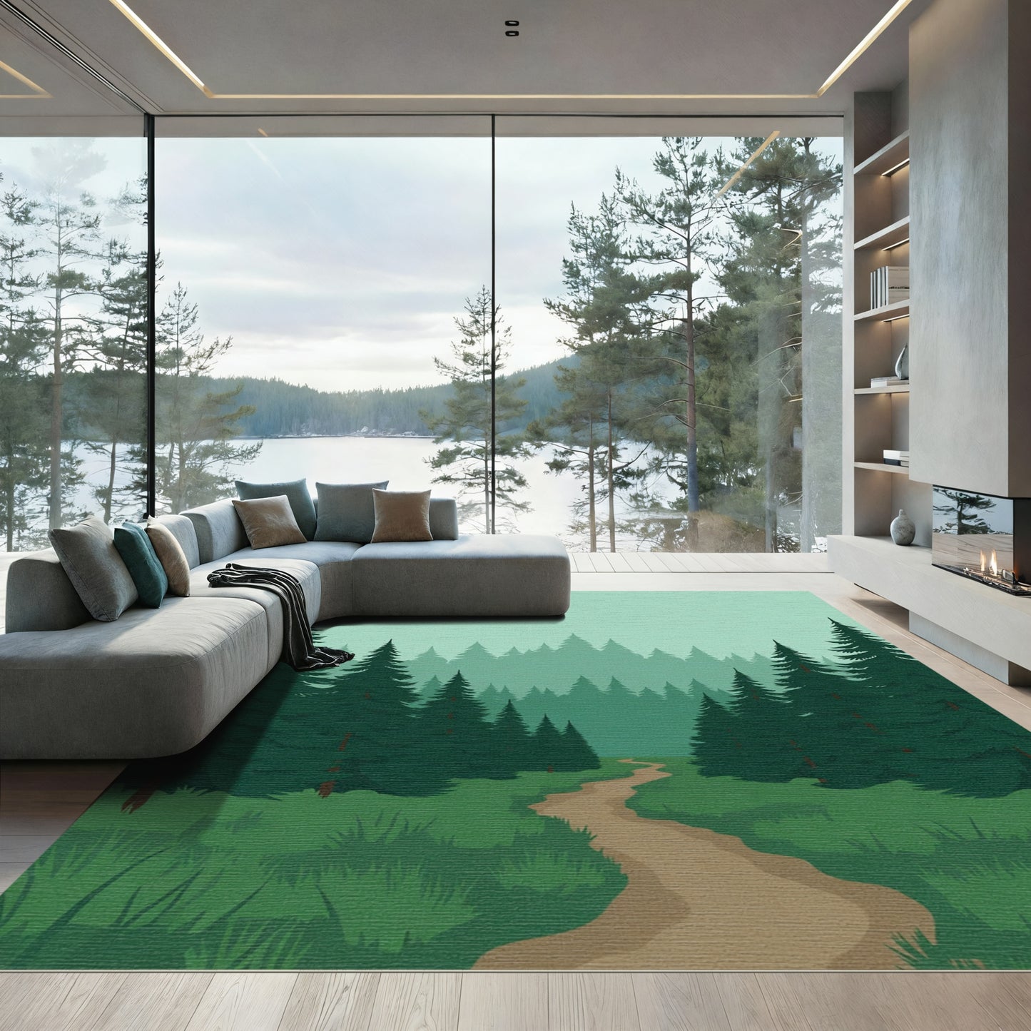 Misty Forest Path Evergreen Trees Rug