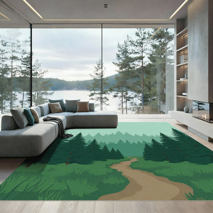 Misty Forest Path Evergreen Trees Rug