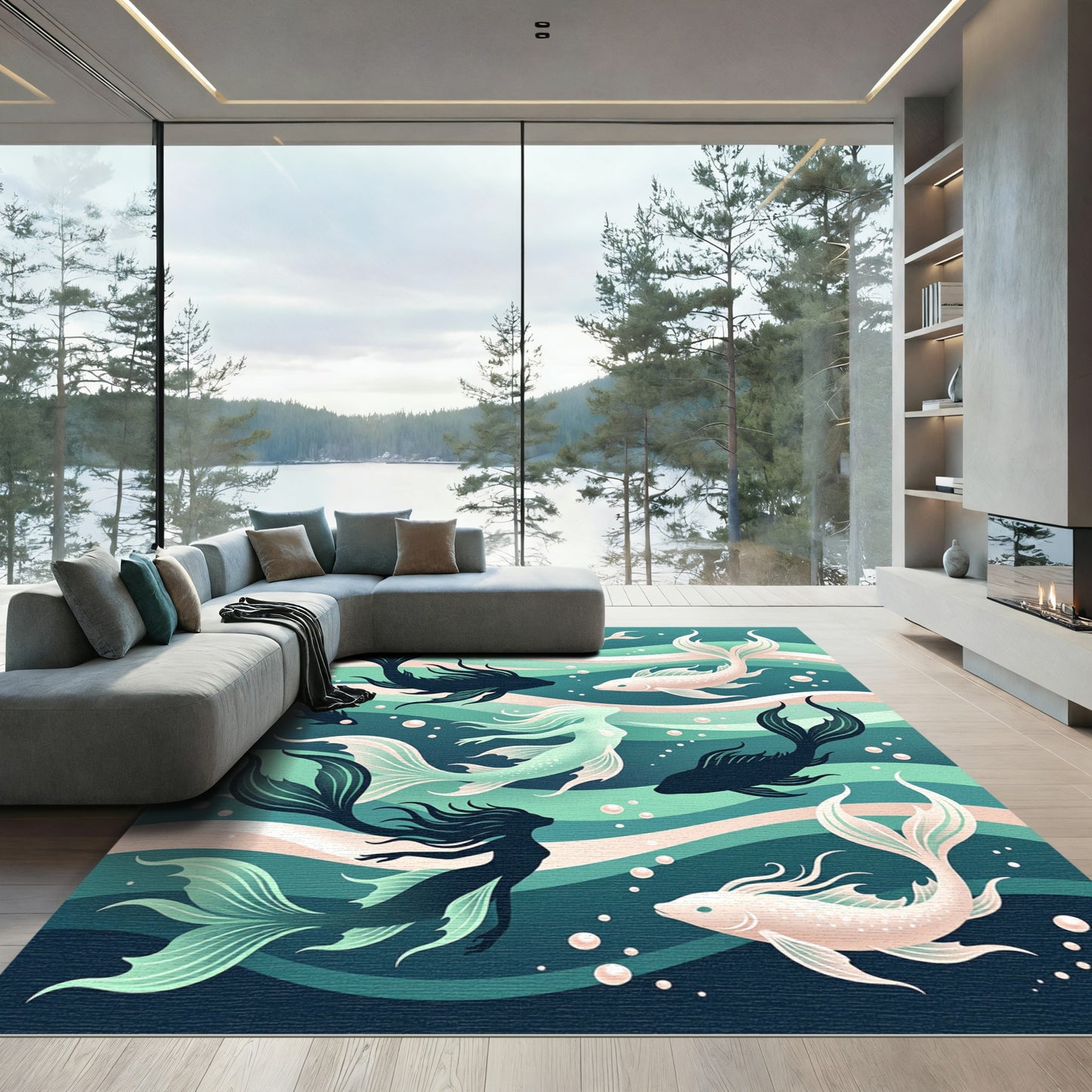 Ethereal Teal Mermaid and Koi Composition Rug