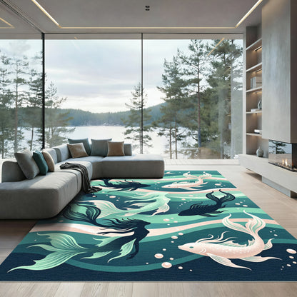Ethereal Teal Mermaid and Koi Composition Rug