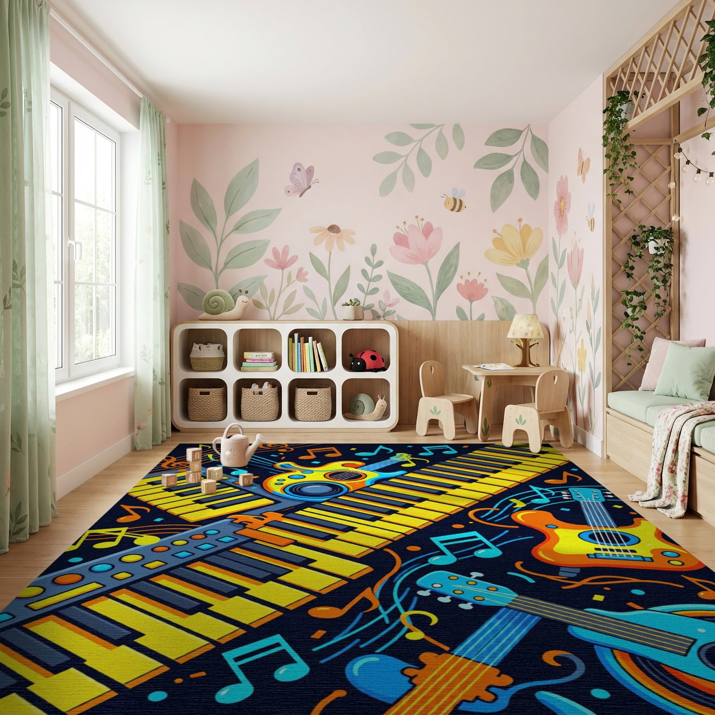 Vibrant Yellow Guitars Keyboards Notes Rug