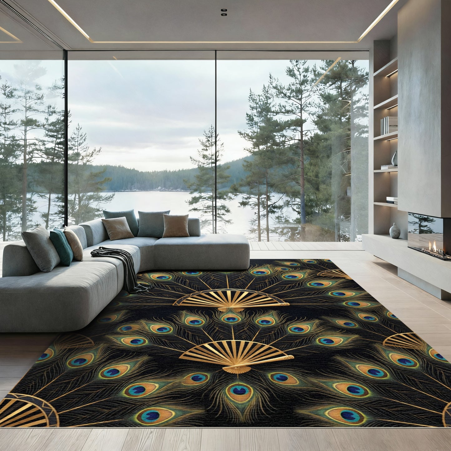 Elegant Gold Peacock Fan Art Deco Rug