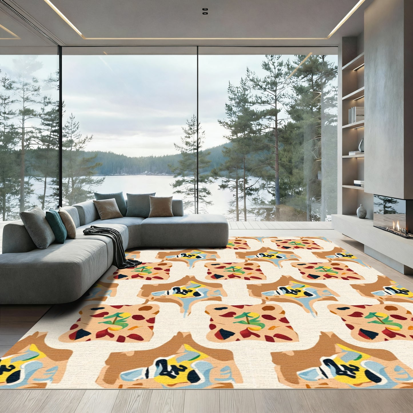 Abstract Ochre Blue Red Organic Shapes Rug