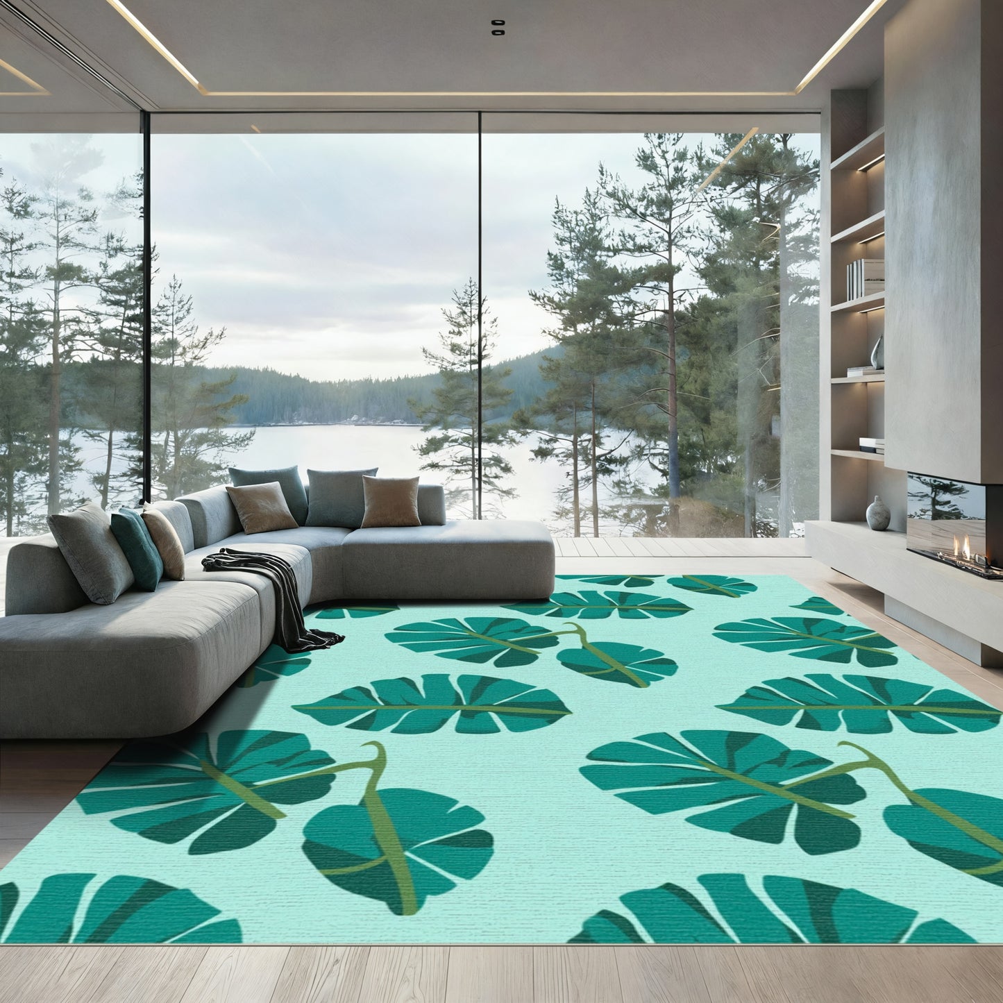 Teal Tropical Foliage Background Rug