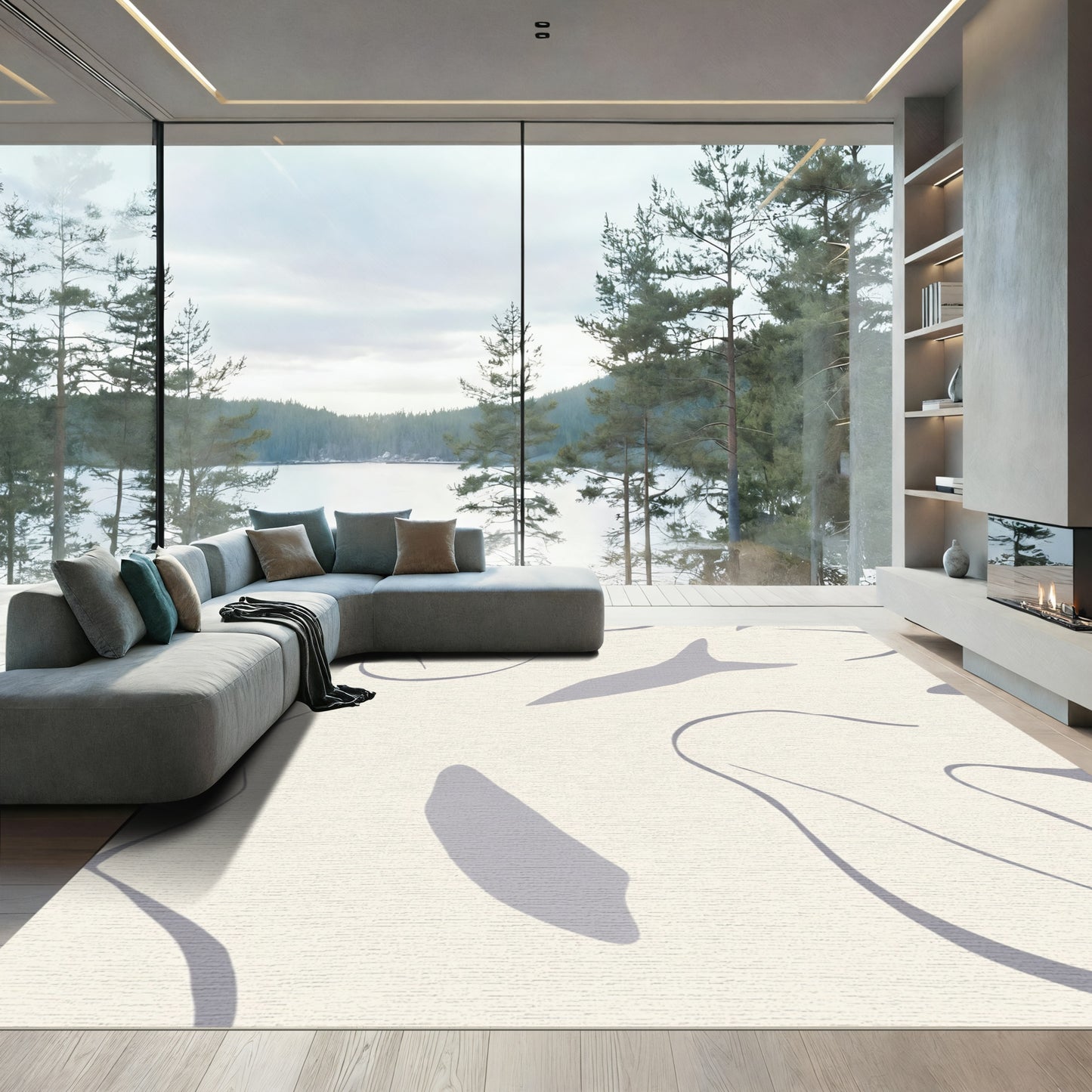 Minimalist Cream Gray Abstract Form Rug