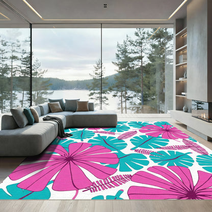 Pink Teal Tropical Flower Foliage Rug