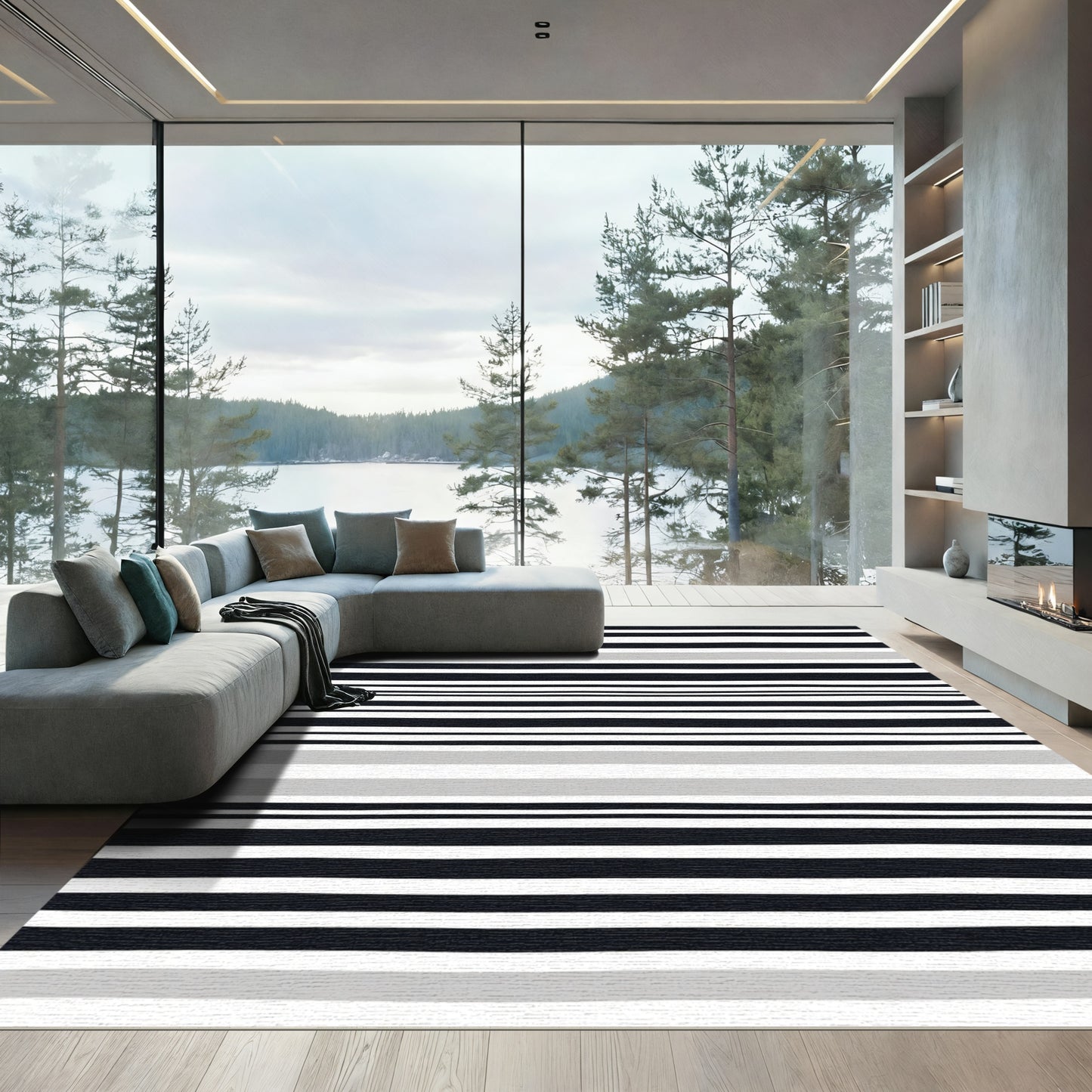 Modern Black Gray Stripe Rug