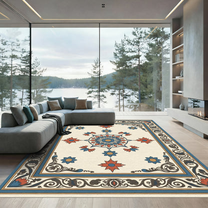 Crimson Blue Floral Geometric Medallion Rug