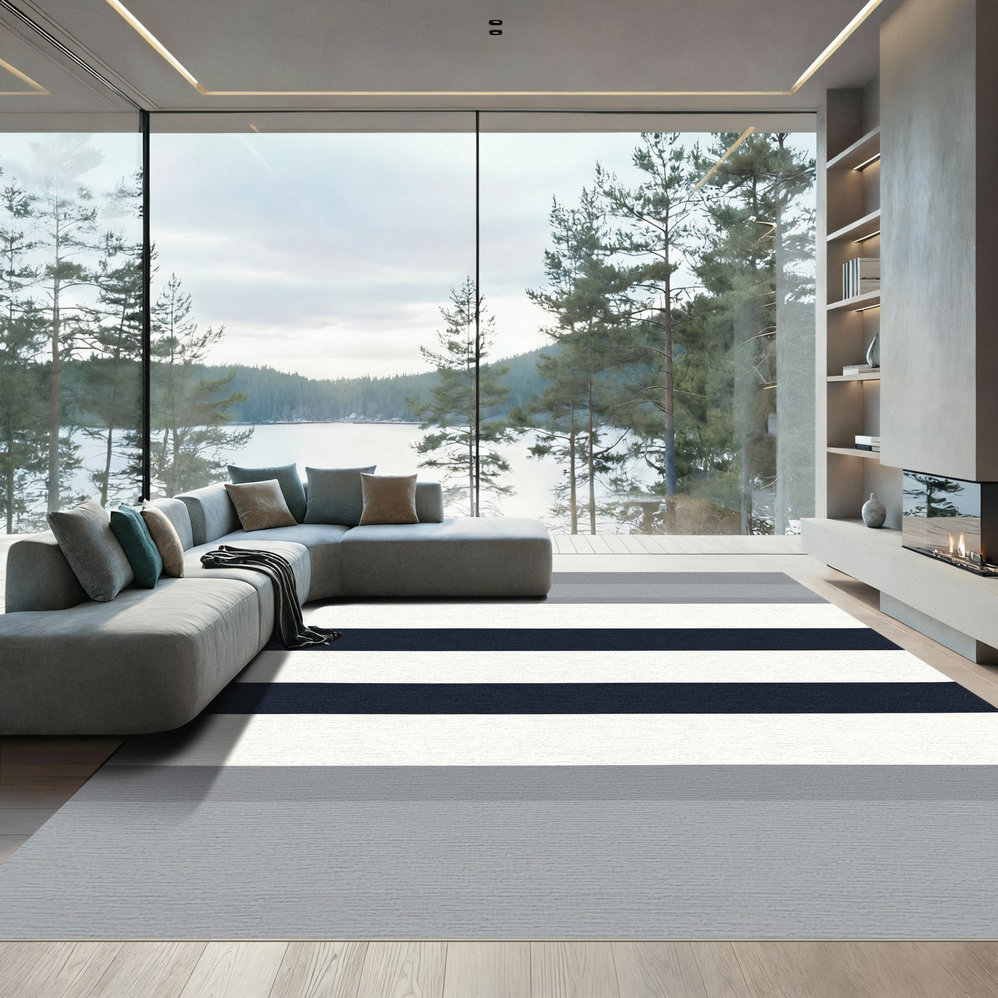 Contemporary Gray Navy Stripe Rug