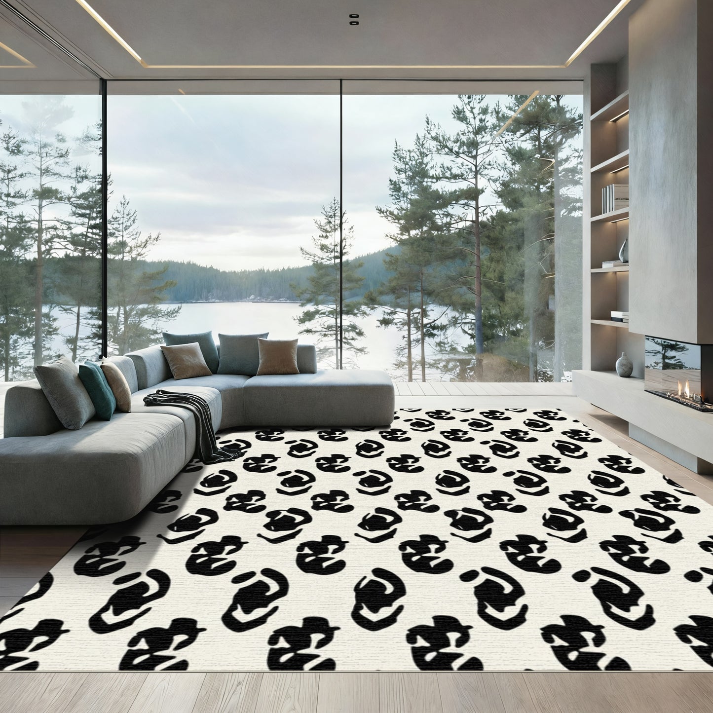Black Organic Spots Ivory Background Rug