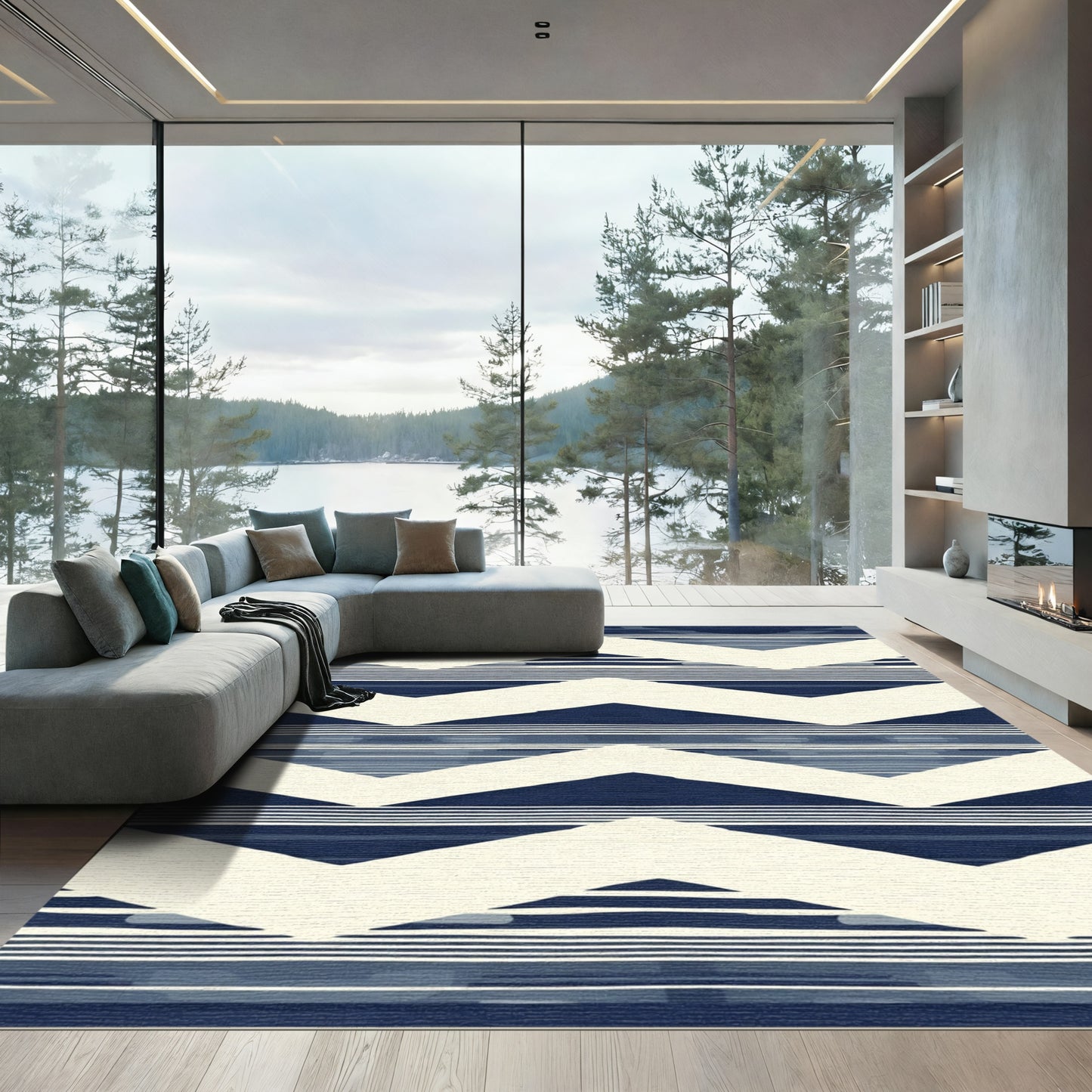 Indigo Cream Geometric Chevron Stripes Rug
