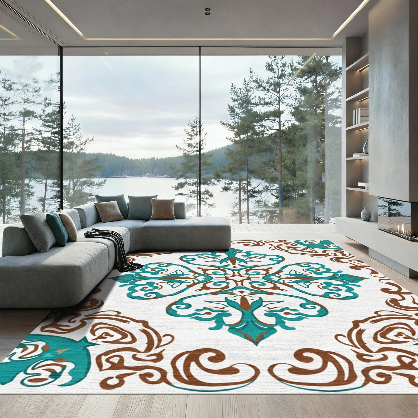 Teal Brown Rococo Scroll Medallion Rug