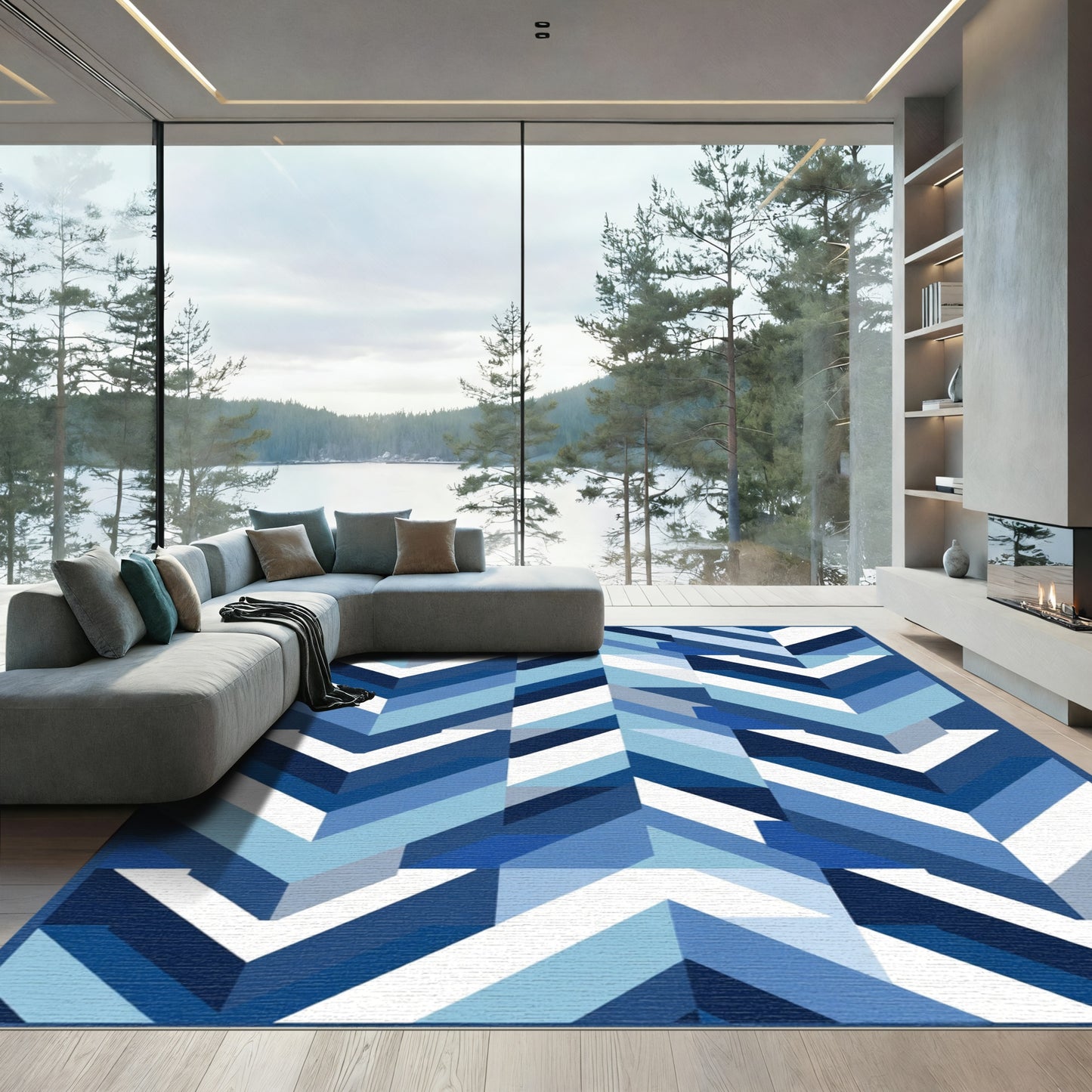 Geometric Blue Tonal Chevron Herringbone Rug