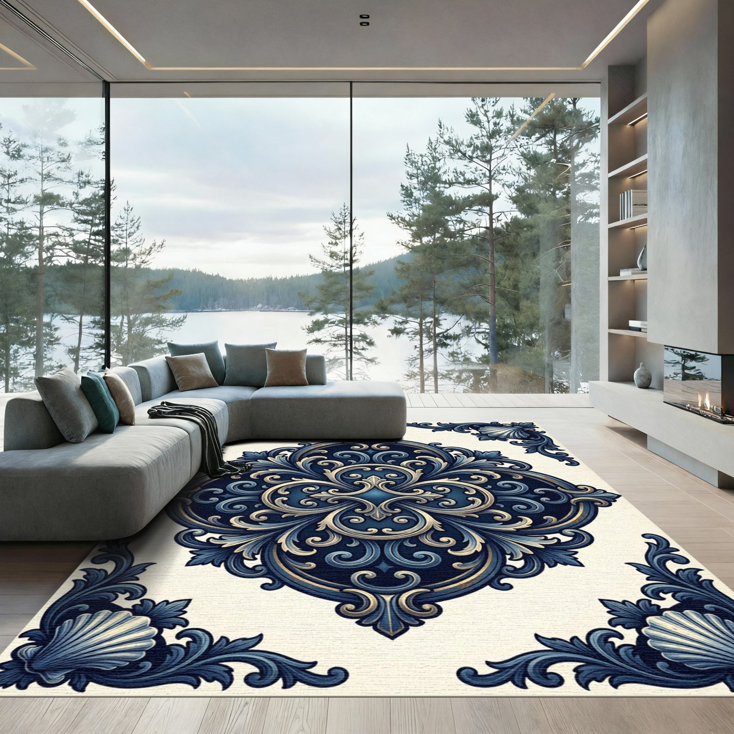 Elegant Navy Ornate Scroll Medallion Rug