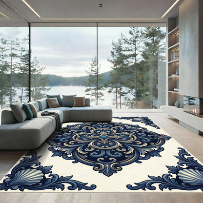 Elegant Navy Ornate Scroll Medallion Rug