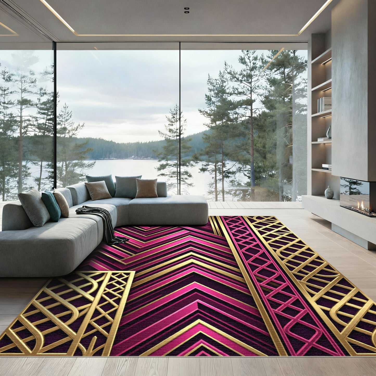 Art Deco Pink Gold Geometric Chevron Rug