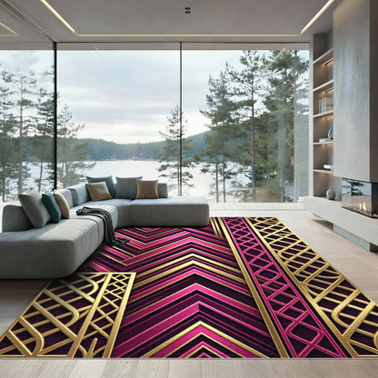 Art Deco Pink Gold Geometric Chevron Rug