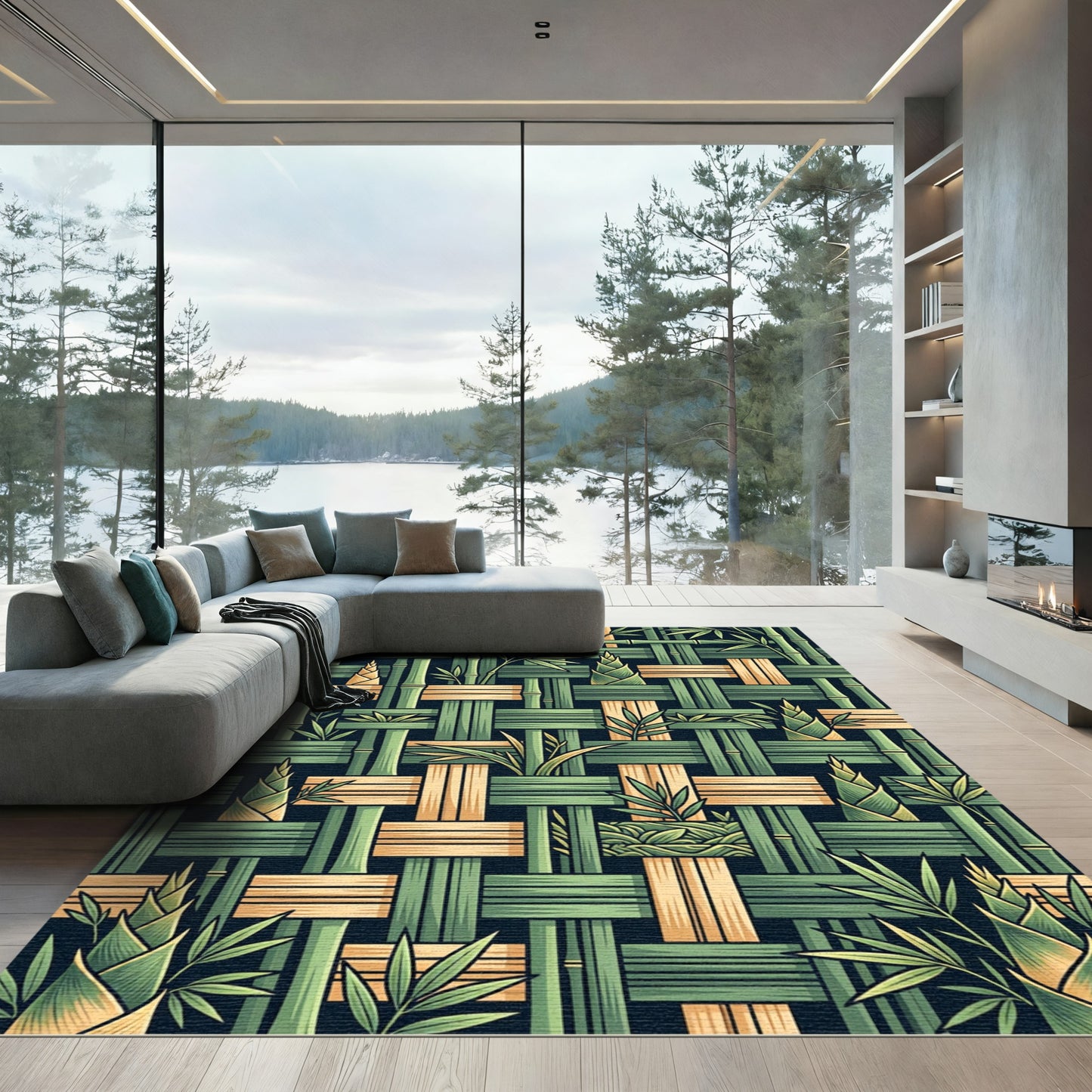 Woven Bamboo Botanical Forest Green Rug