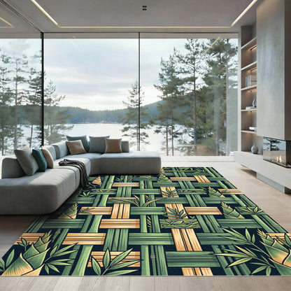 Woven Bamboo Botanical Forest Green Rug
