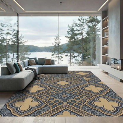 Gilded Slate Quatrefoil Ornate Geometric Rug