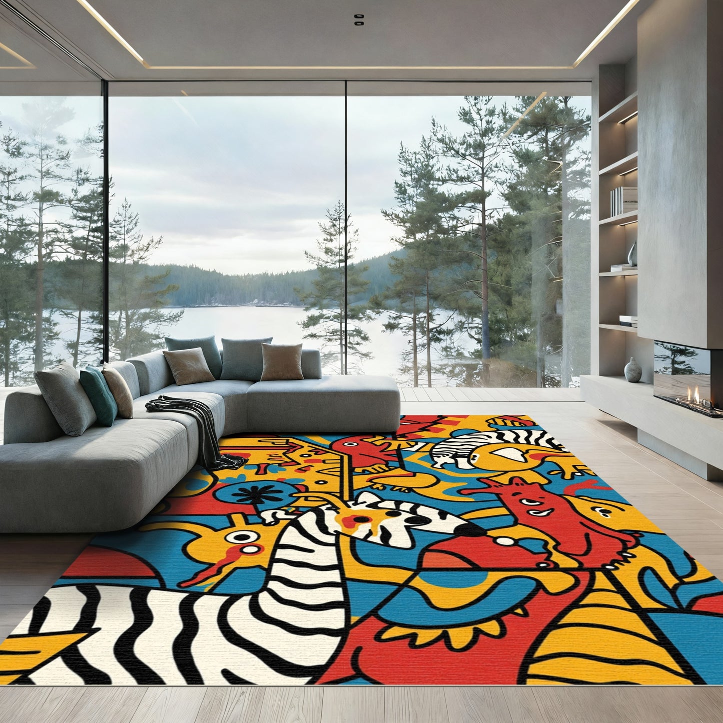 Whimsical Red Yellow Blue Animal Collage Rug