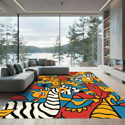 Whimsical Red Yellow Blue Animal Collage Rug