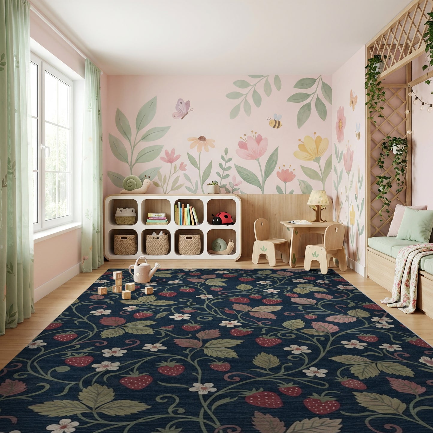 Navy Strawberry Vine Leaf Whimsical Rug