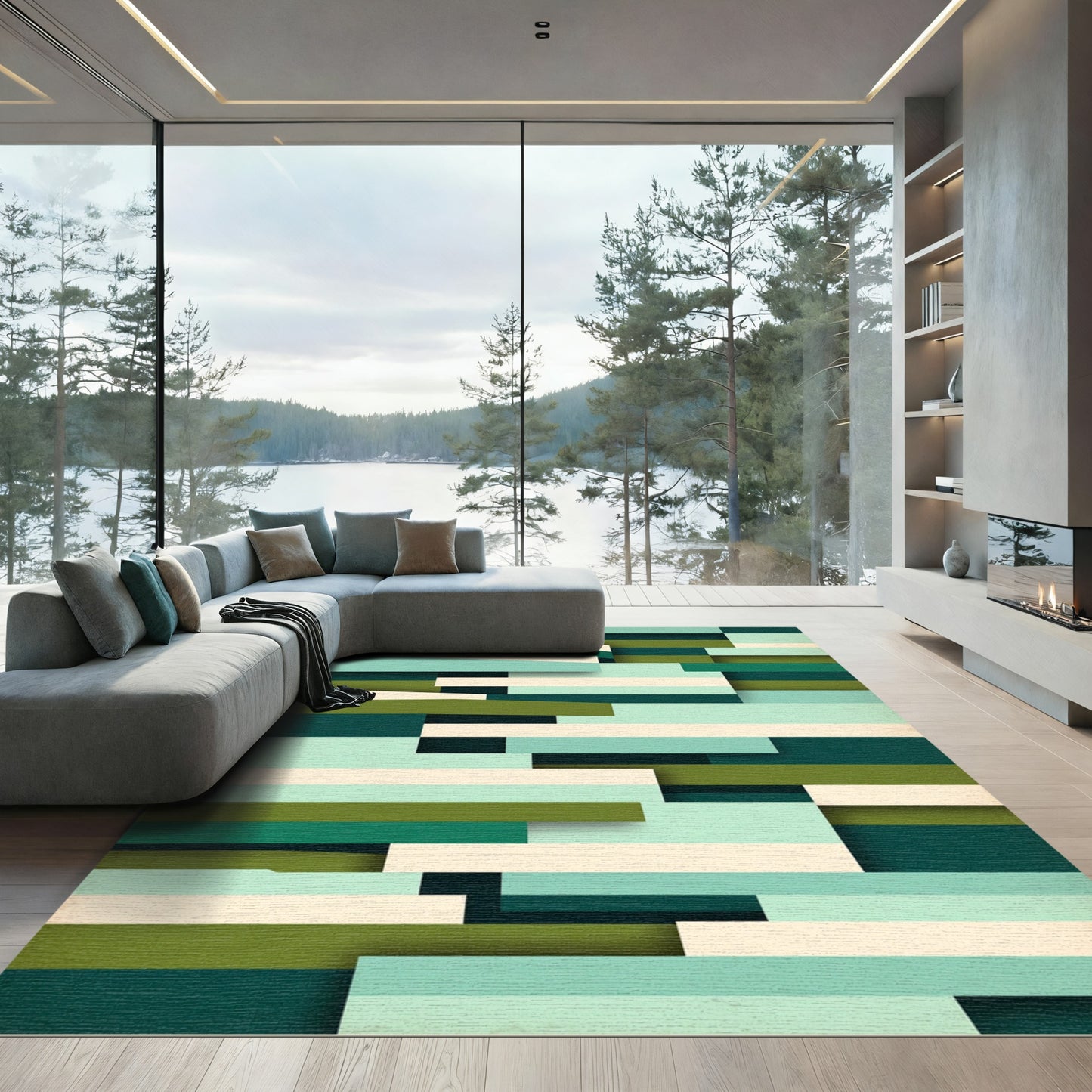 Modern Geometric Sage Green Blocked Rug
