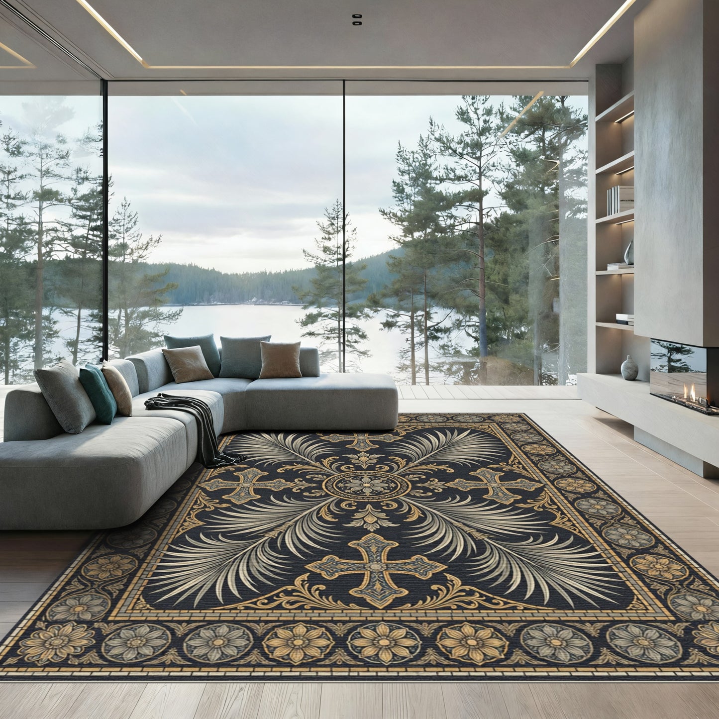 Ornate Gold Cross and Palm Medallion Rug