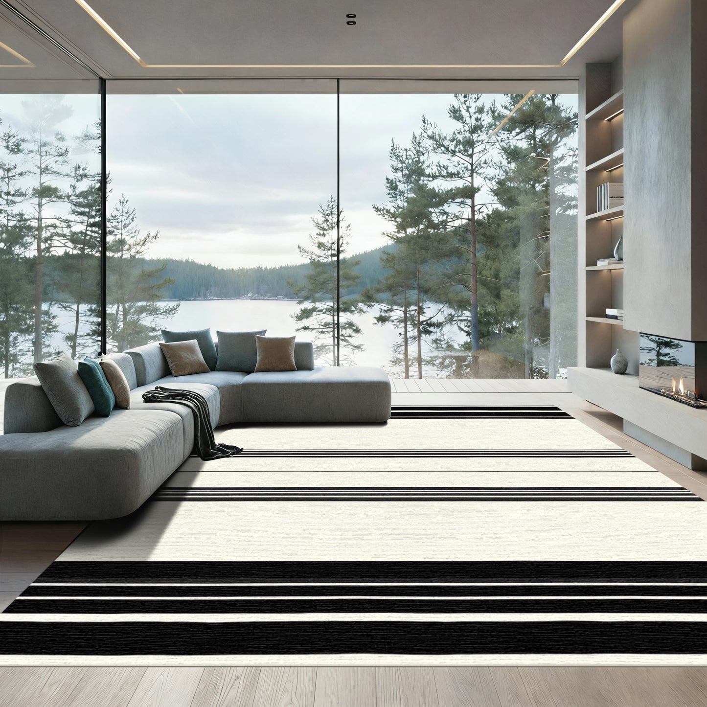 Classic Black Stripe Ivory Field Rug