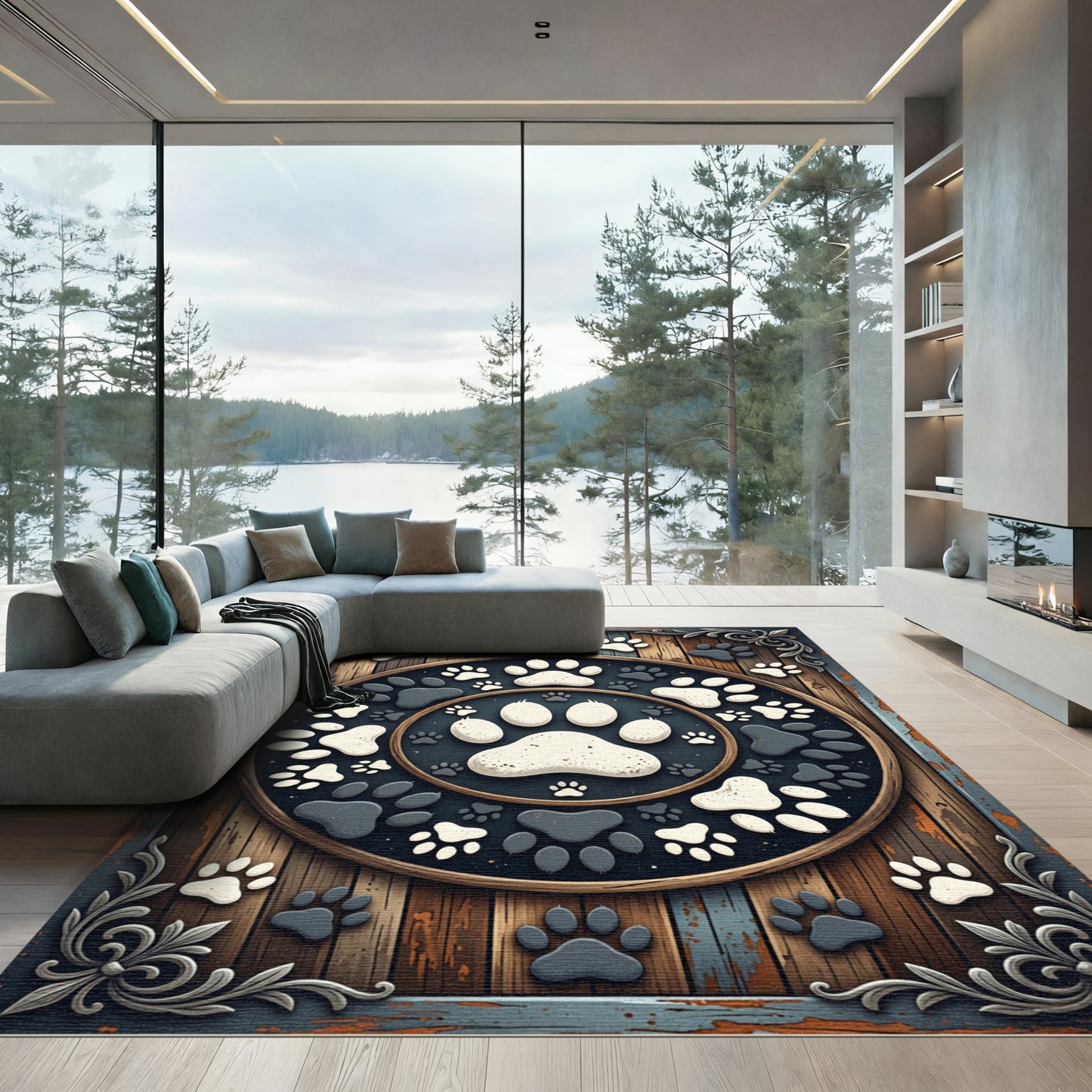 Monochromatic Paw Print Circular Medallion Rug