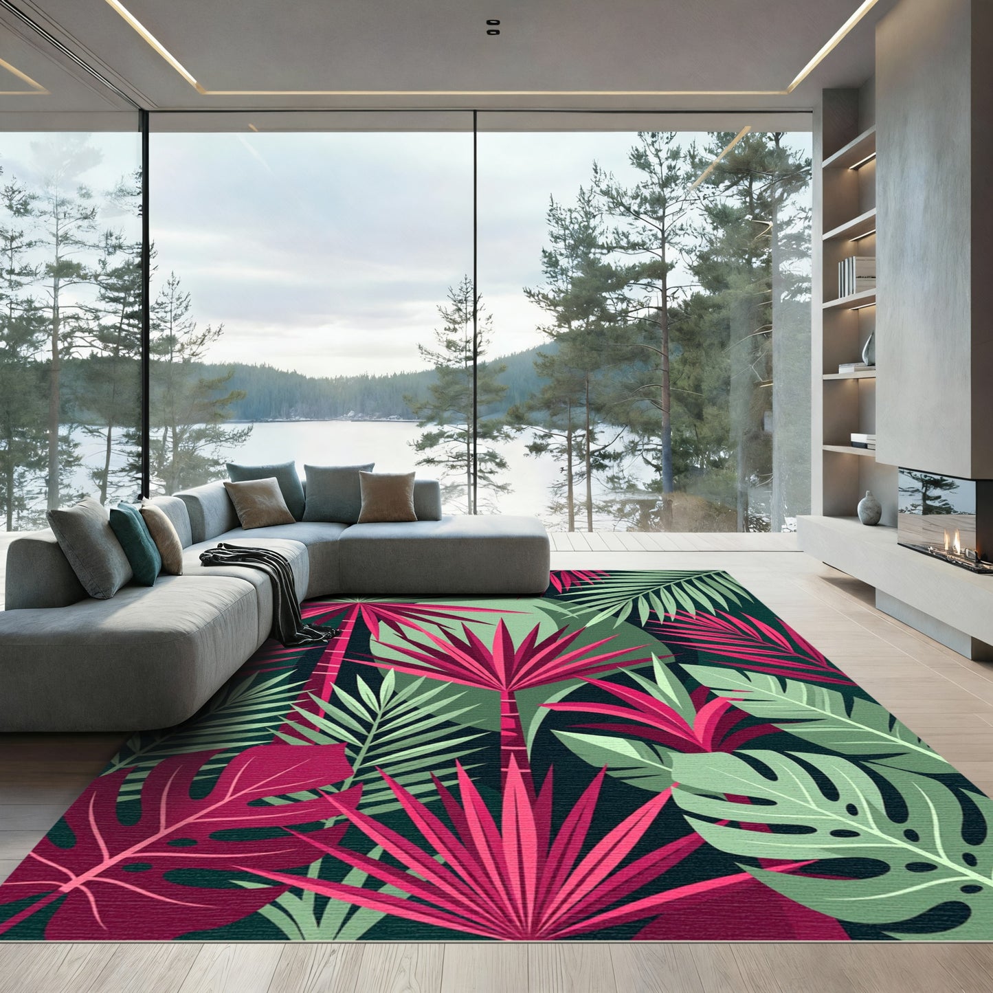 Vibrant Pink and Green Tropical Foliage Rug