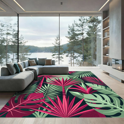 Vibrant Pink and Green Tropical Foliage Rug