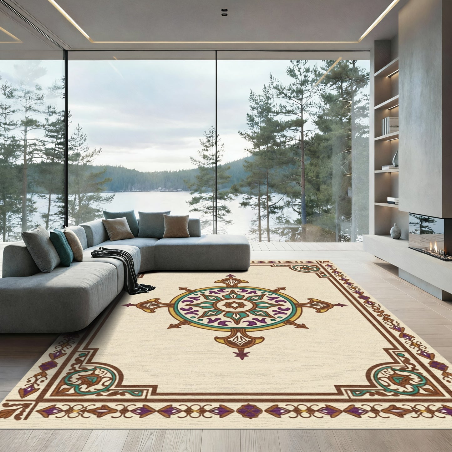 Ornate Teal Purple Sunburst Medallion Rug