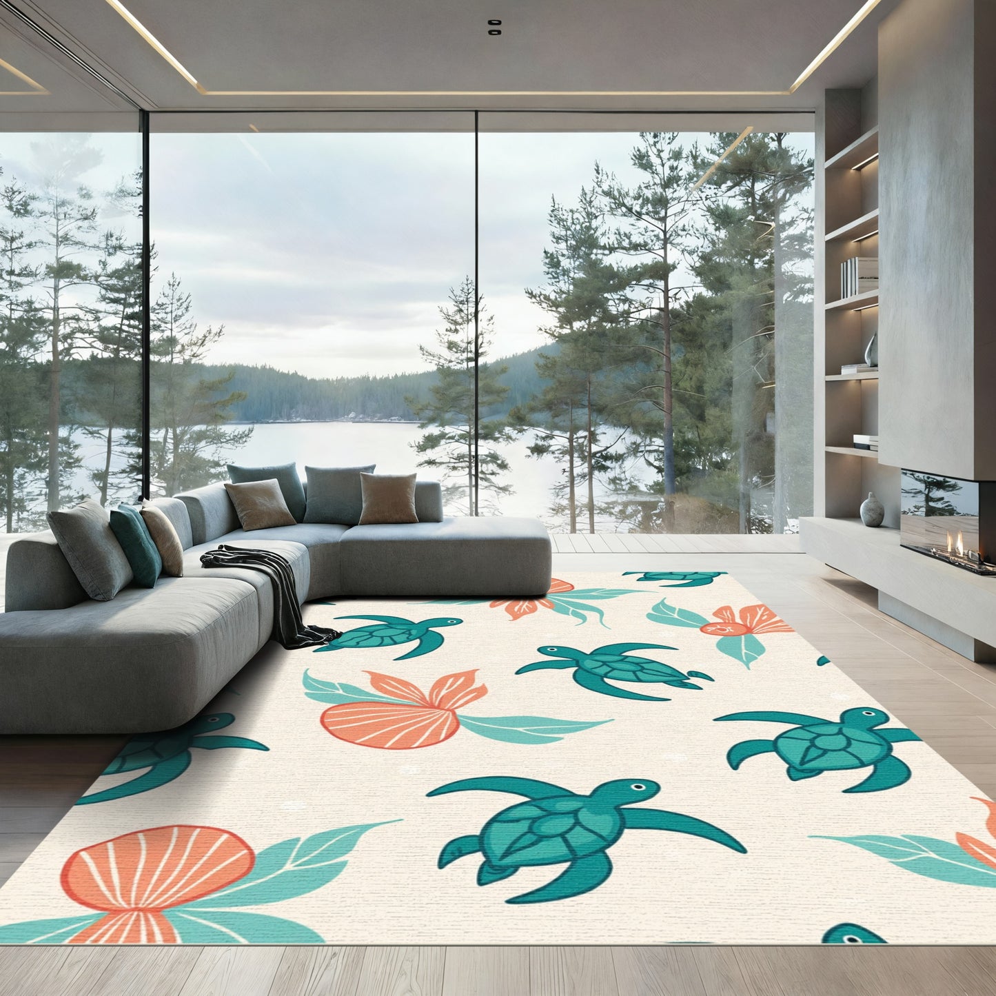 Teal Turtle Coral Flower Swirl Rug