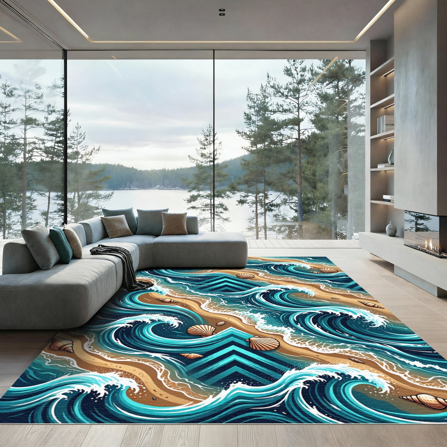 Coastal Blue Wave and Shell Horizon Rug