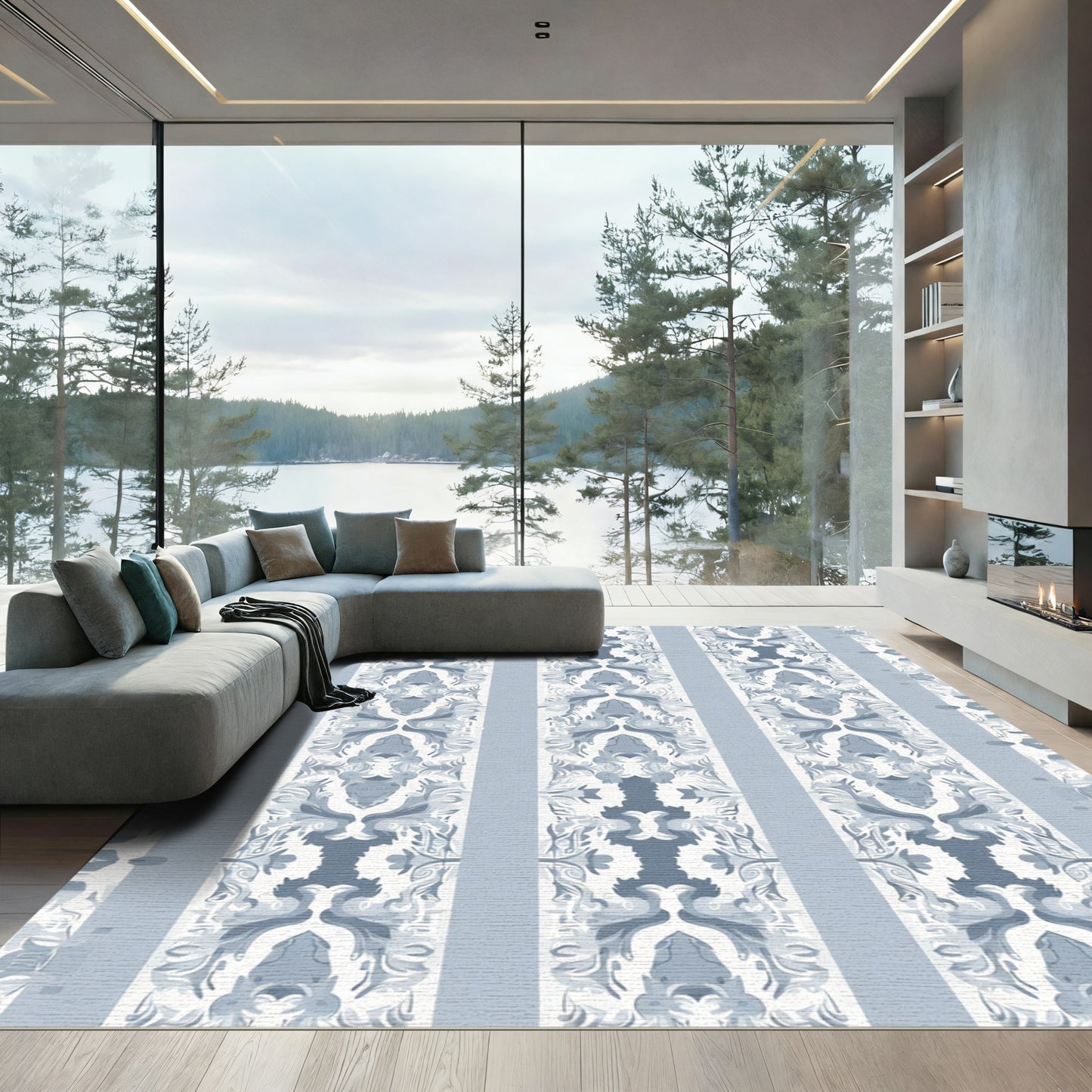 Pale Blue Symmetry Damask Stripes Rug