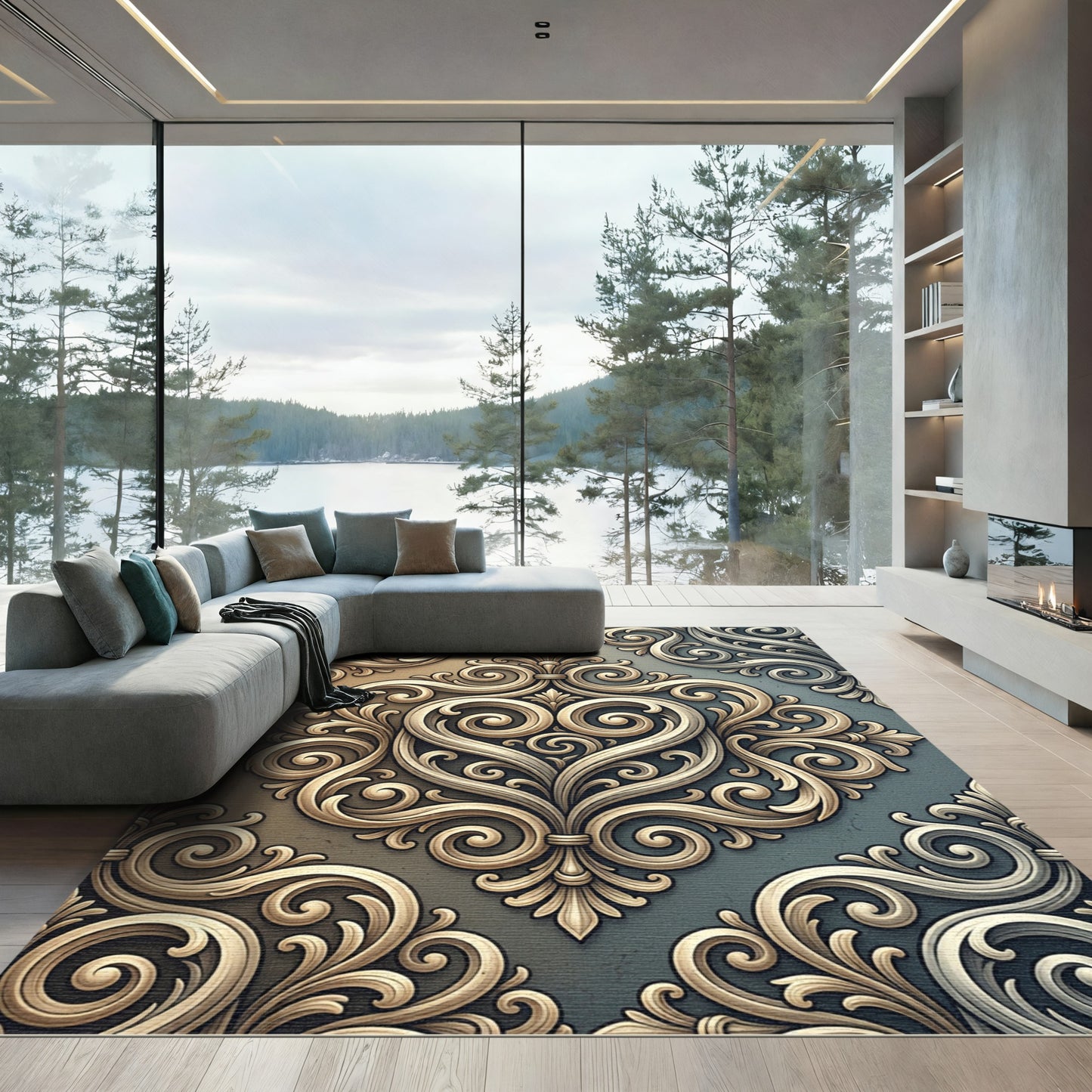 Luxe Gold Ornate Scrollwork Rug