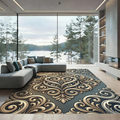 Luxe Gold Ornate Scrollwork Rug