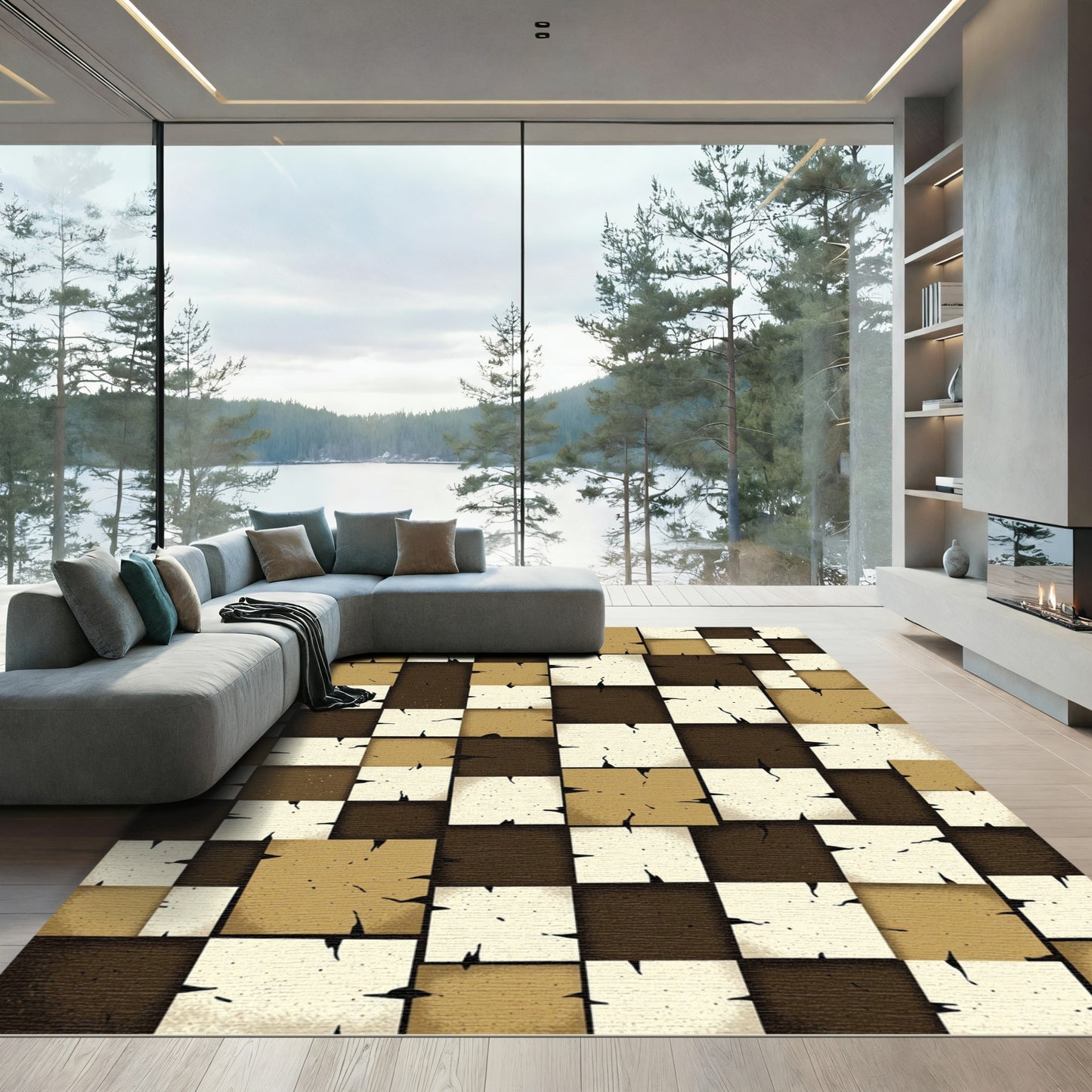 Earthy Brown Checkerboard Squares Rug