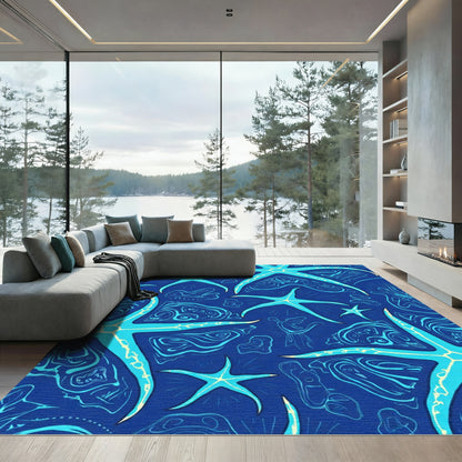 Blue Starfish Swirls Underwater Scene Rug