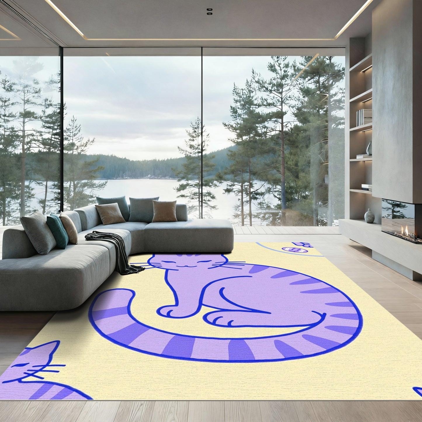 Lavender Cat Stripes Whimsical Illustration Rug