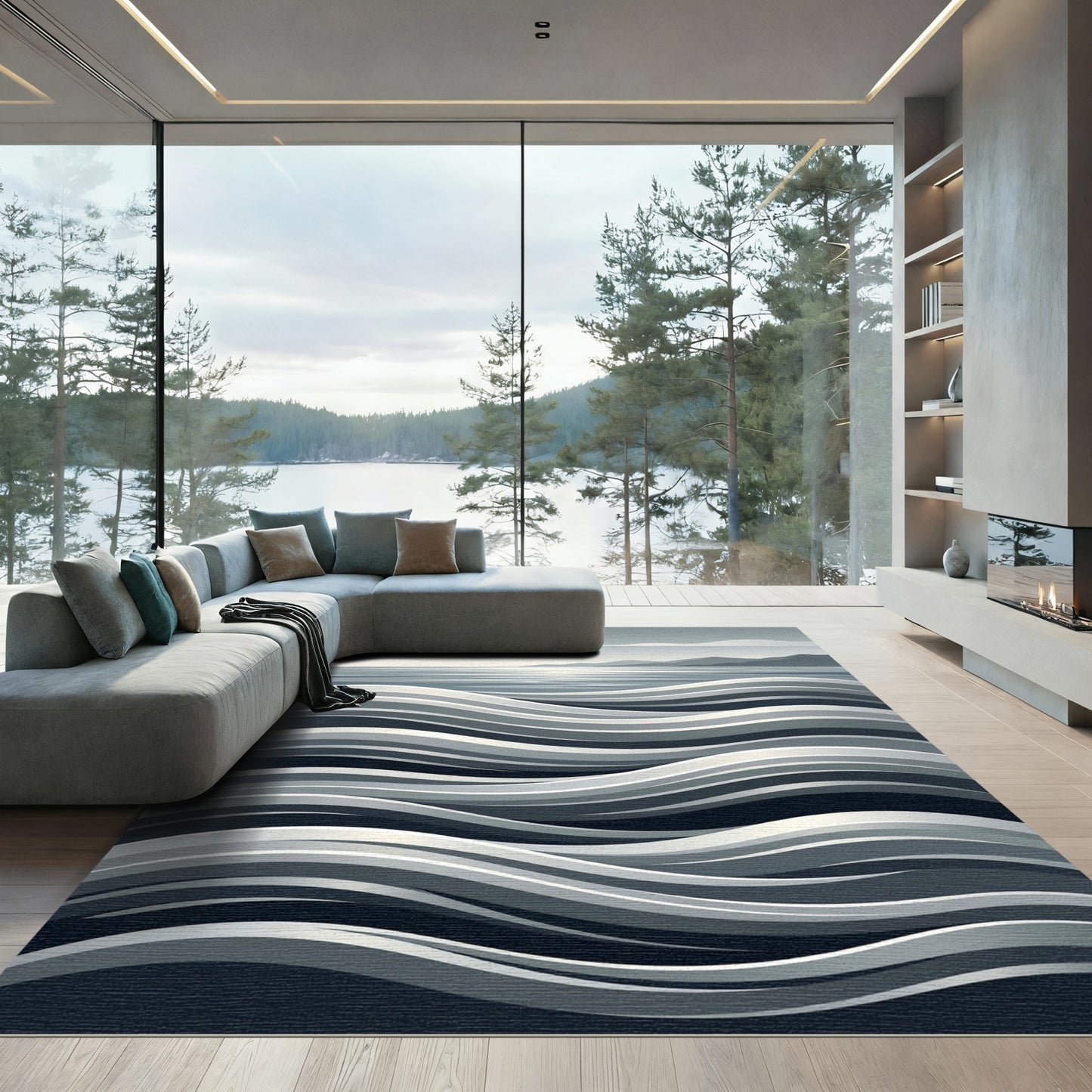 Monochrome Gradient Wavy OceanRug Rug