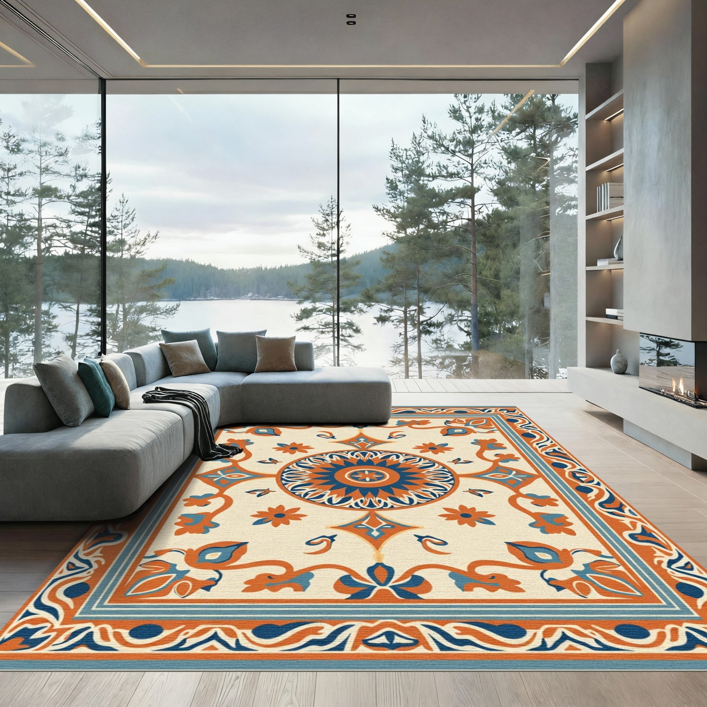 Orange Blue Cream Floral Medallion Rug