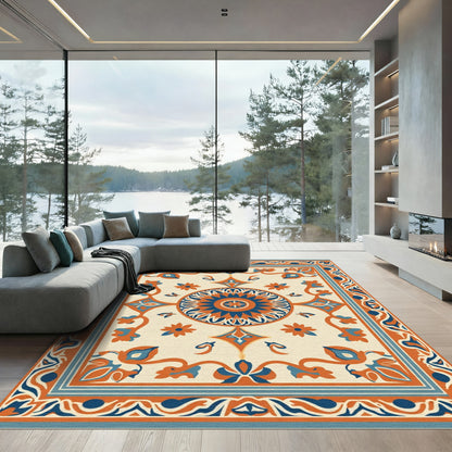 Orange Blue Cream Floral Medallion Rug