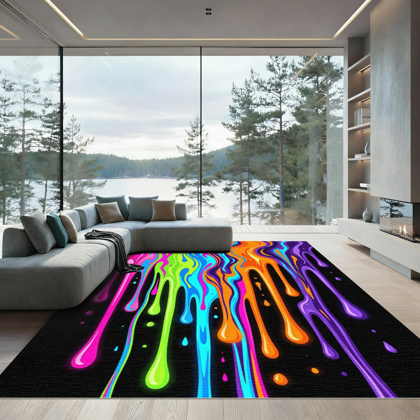 Vibrant Neon Liquid Rainbow Abstract Flow Rug