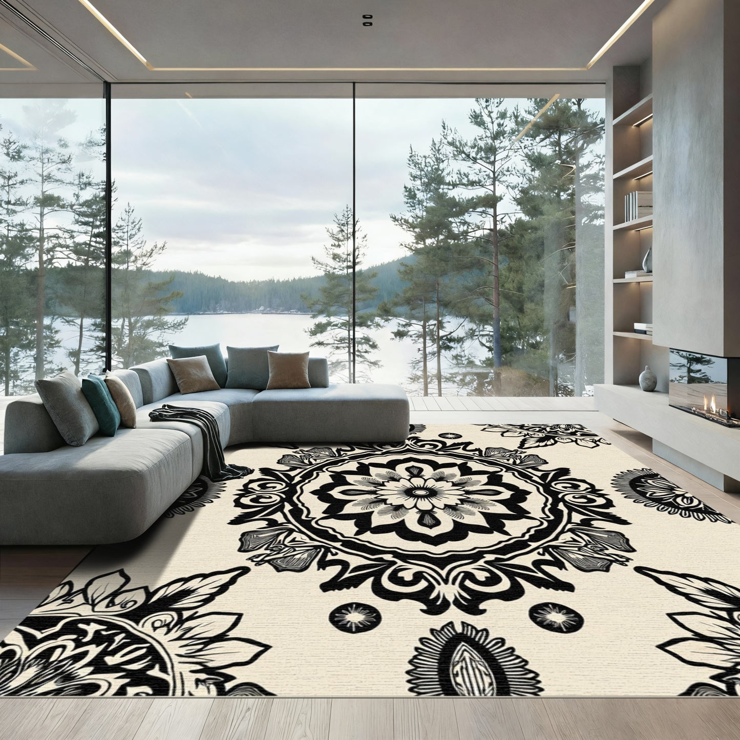 Cream Black Medallion Floral Arrangement Rug