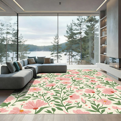 Pink Floral Garden Botanical Pattern Rug