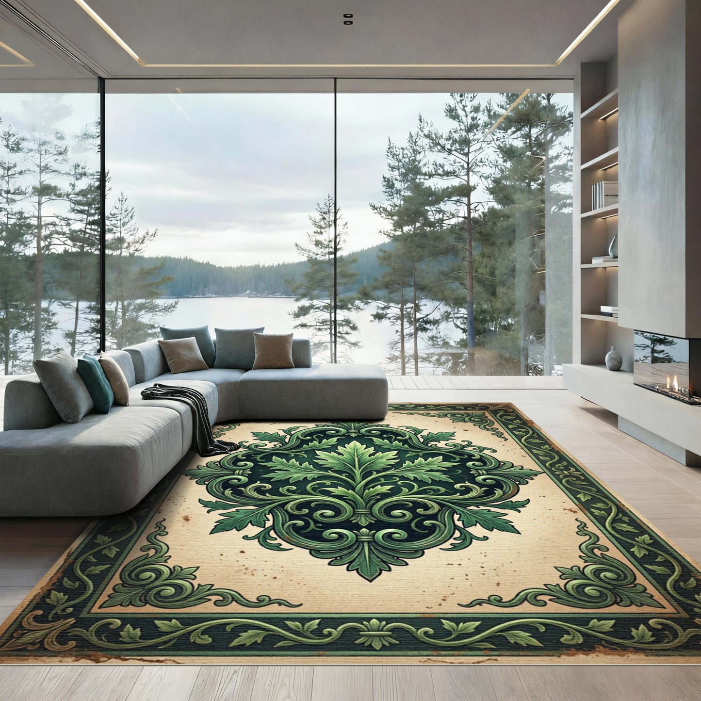 Ornate Green Victorian Floral Swirl Rug
